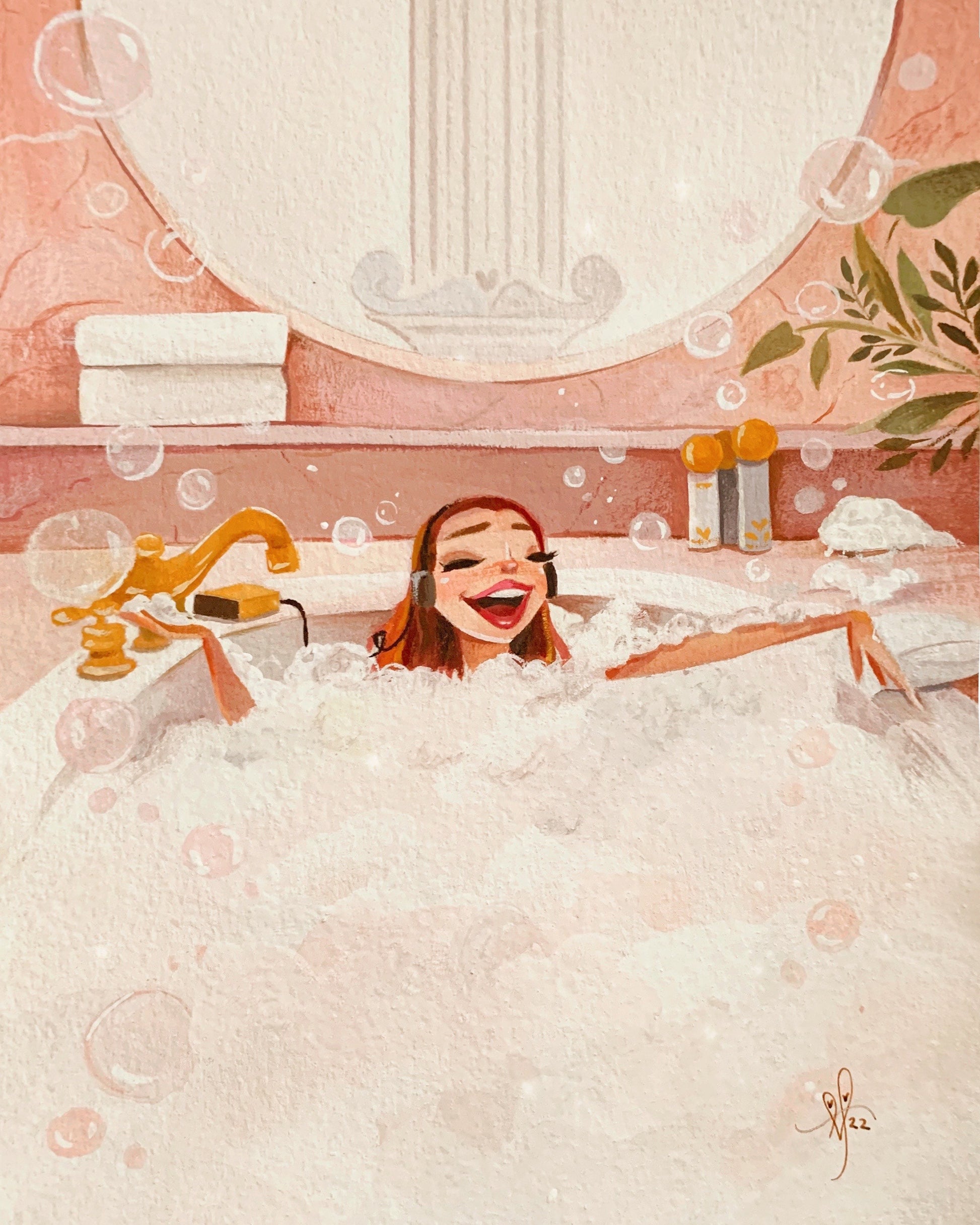Depicts woman in bathtub wearing headphones, singing.